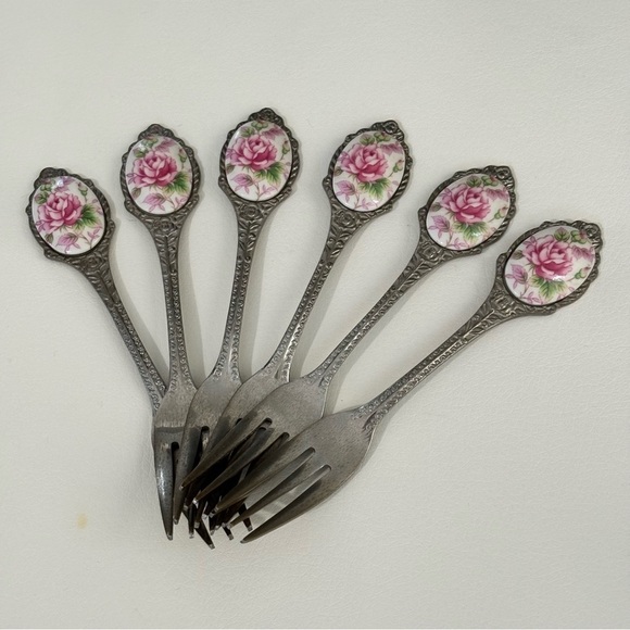 12 Japanese Stainless Steel Tea Spoons and Forks , Pink & Gold Flower Inlay - Picture 2 of 7
